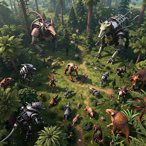 Digital fantasy artwork: Armored, robotic creatures with animal heads battle and roam a lush, sunlit forest filled with various small armored animals.