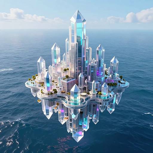 Floating Crystalline City Above Ocean