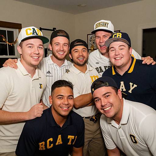 Photograph of six smiling young men wearing baseball caps and team jerseys, standing closely together in a living room.