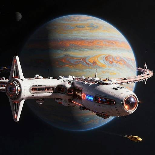 Digital artwork of a futuristic spaceship with glowing lights flying near a vibrant, swirling gas giant planet against a dark space background.