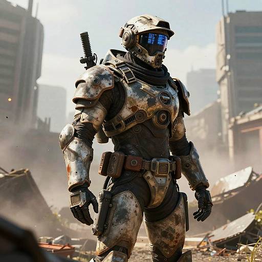 Photorealistic CGI of a camouflaged, armored, futuristic soldier with blue visor, standing in a rubble-filled, war-torn urban environment