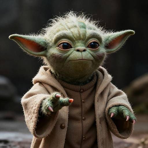 Photorealistic CGI of a cute, green-skinned, big-eyed, furry-headed creature with large ears, wearing a beige tunic and cloak,