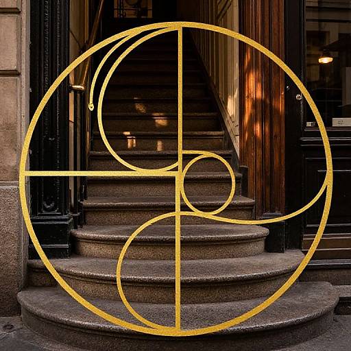Photograph of a building's stone staircase with a large, yellow, geometric circle and line overlay, contrasting against the dark, classic architectural elements.