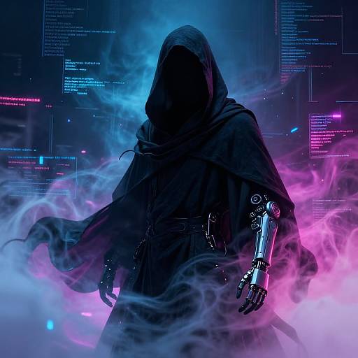 Digital artwork of a hooded figure with a cybernetic arm, surrounded by vibrant blue and pink neon smoke, against a tech-filled background.