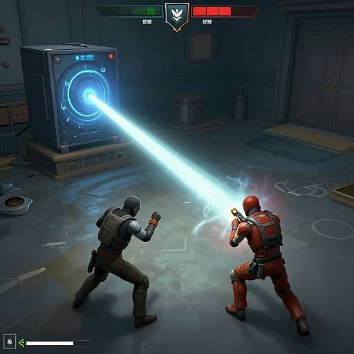 Digital game screenshot of two armored warriors, one in black and one in red, dueling with glowing blue lightsabers in a dark, futuristic room