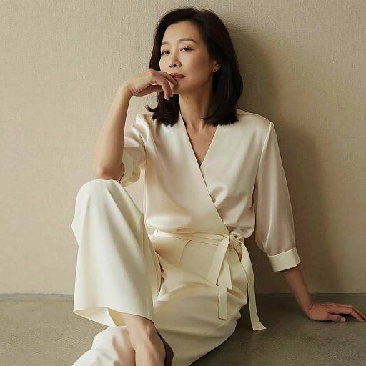 Photograph of an Asian woman with shoulder-length black hair, wearing a silky white robe, sitting against a beige wall, with a thoughtful expression and one