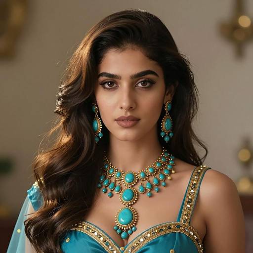 Elegant Woman with Gold and Turquoise Jewelry