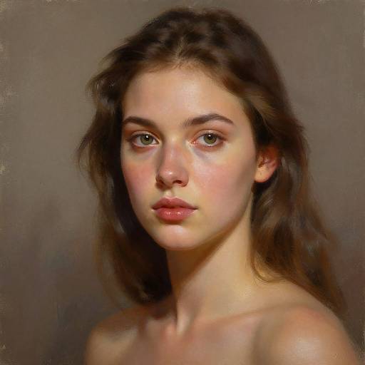 Digital painting of a young woman with fair skin, brown wavy hair, green eyes, and pink lips, against a muted gray background.