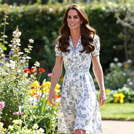 Photograph of smiling woman with long brown hair in white floral dress walking through vibrant, colorful garden filled with blooming flowers.