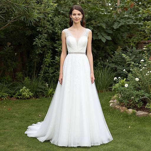 Photograph of a slender woman with fair skin, dark brown hair, wearing a sleeveless, white lace-trimmed wedding gown, standing in a