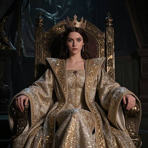 Photograph of a dark-haired woman with fair skin, wearing a golden, intricately embroidered regal gown and crown, seated on an ornate,