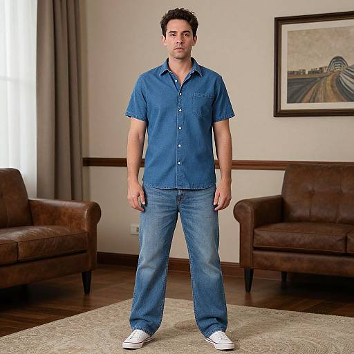 Man in Loose Jeans and Blue Shirt
