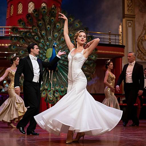Photograph of a dramatic ballroom dance performance: a woman in a white, strapless, ruched gown spins with arms raised, a pe
