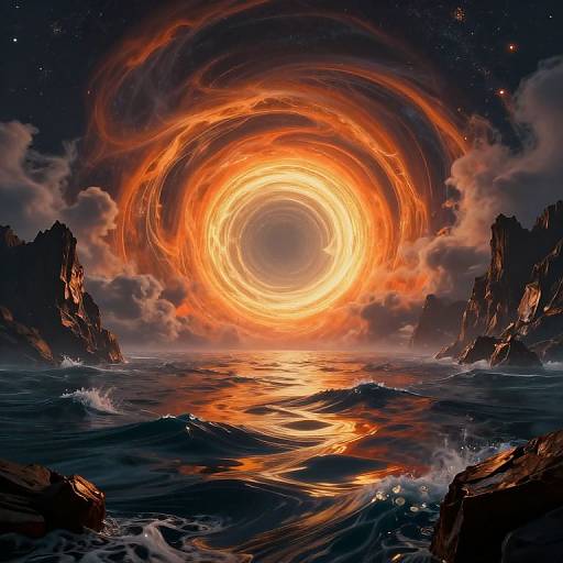 Digital artwork of a fiery, swirling sun sinking into a dark, stormy ocean with glowing waves and rocky cliffs on either side.