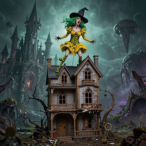 Digital fantasy art: Green-haired witch with yellow dress and black hat, leaping atop a dilapidated gothic house, eerie castle and twisted trees