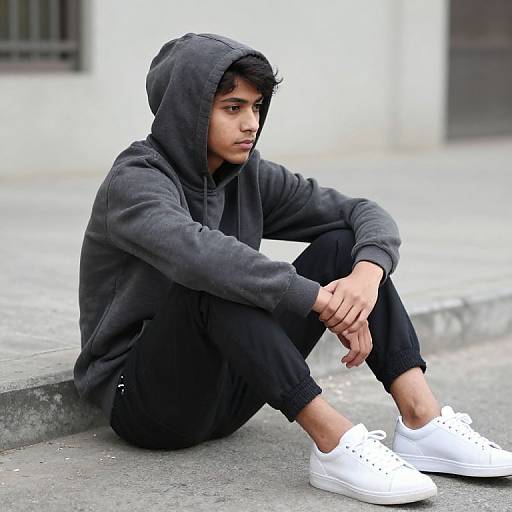 Photograph of a young man with light brown skin, black hooded sweatshirt, black pants, and white sneakers, sitting on a concrete step,