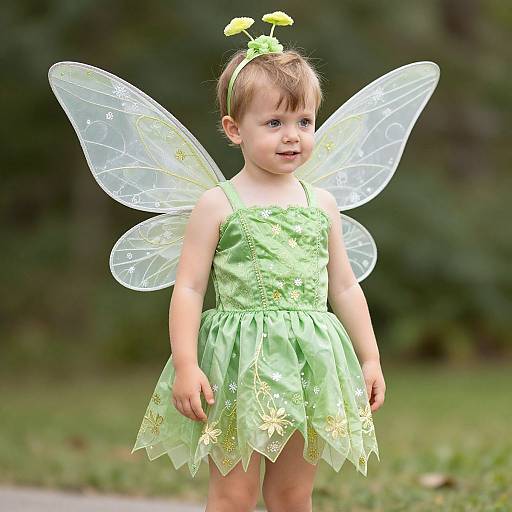 Photograph of a young girl in a green fairy costume with translucent wings, flower headband, and short brown hair, standing outdoors.
