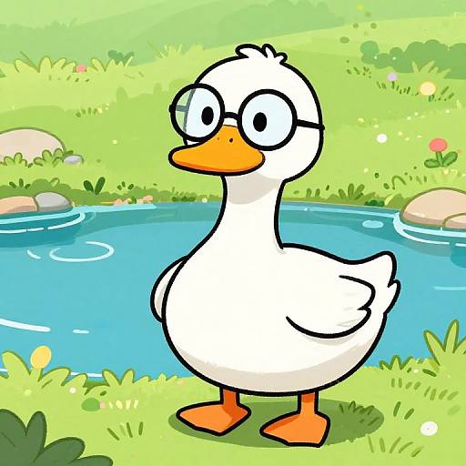 Cartoon-style white duck with round glasses standing by a bright blue pond in a green, sunny meadow with flowers.
