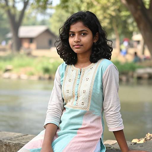 Photograph of a young Indian woman with curly black hair, wearing a light blue and white embroidered traditional kameez, sitting by a calm river with