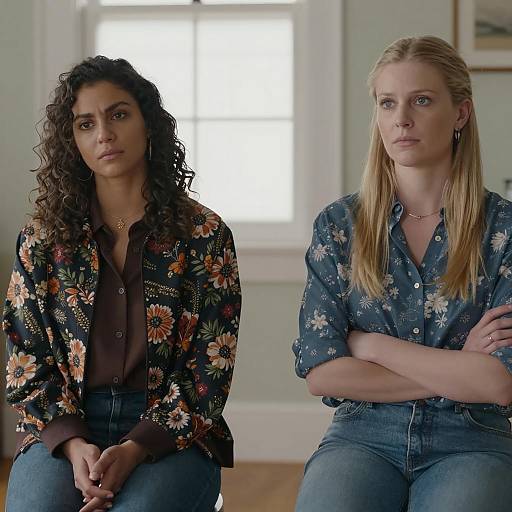 Two women sitting with serious expressions indoors