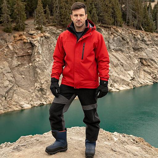 Photograph of a bearded man in a red jacket, black pants, gloves, and boots, standing on a rocky cliff by a turquoise lake,