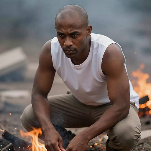 Crouching Warrior Amid Burning Rubble