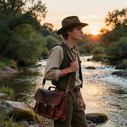 Rustic Riverside Outdoorsman at Sunset