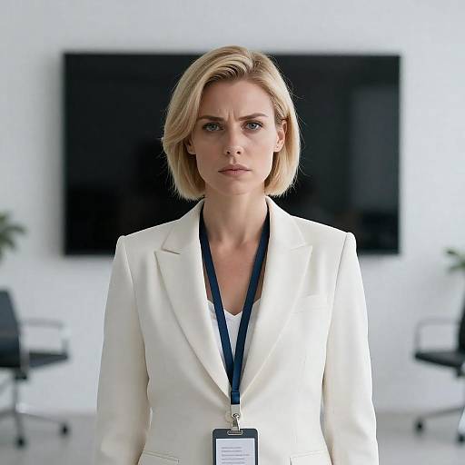 Photorealistic Stern Blonde in White Blazer