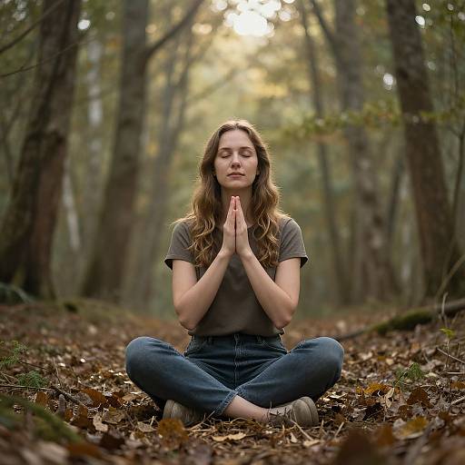 Photograph of a young woman with long brown hair, wearing a gray t-shirt and blue jeans, sitting cross-legged in a forest, hands in prayer