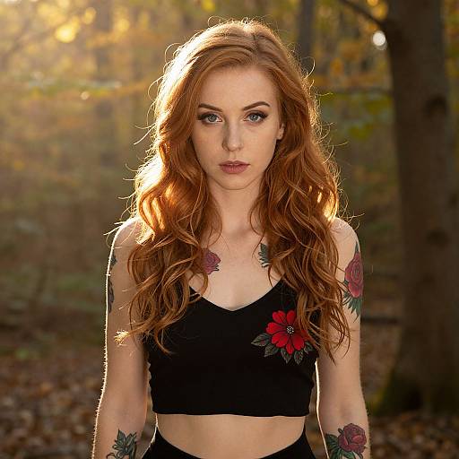 Photograph of a fair-skinned, red-haired woman with long wavy hair, wearing a black crop top with red flower tattoos, standing in a