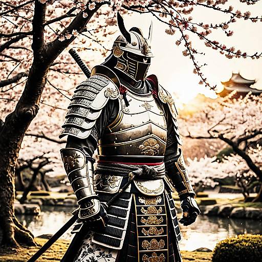 White Samurai in Ornate Armor at Cherry Blossom Garden