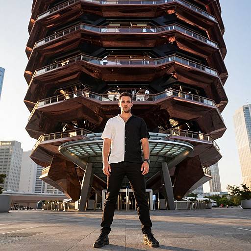 Photograph of a man with short dark hair, wearing a white shirt and black pants, standing in front of a futuristic, multi-tiered building with