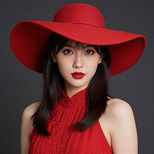 Photograph of an East Asian woman with pale skin, black hair, wearing a red textured halter top and wide-brimmed red hat, against