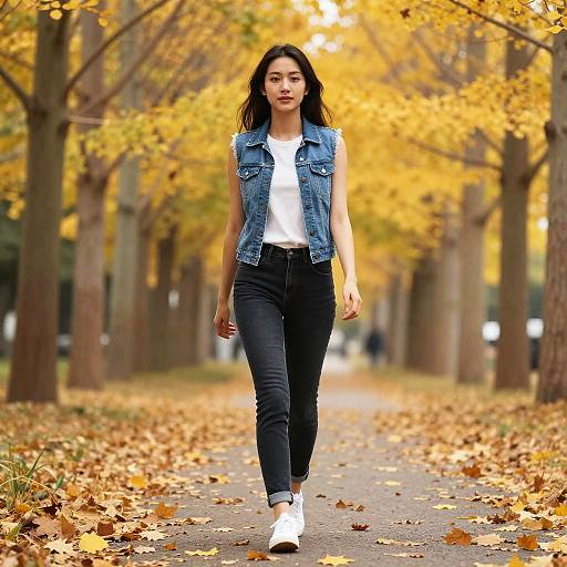 Confident Woman on Autumn Path