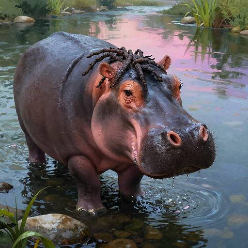 Photorealistic digital painting of a hippo with curly black hair standing in a reflective, pink-lit, shallow river surrounded by grass and rocks.