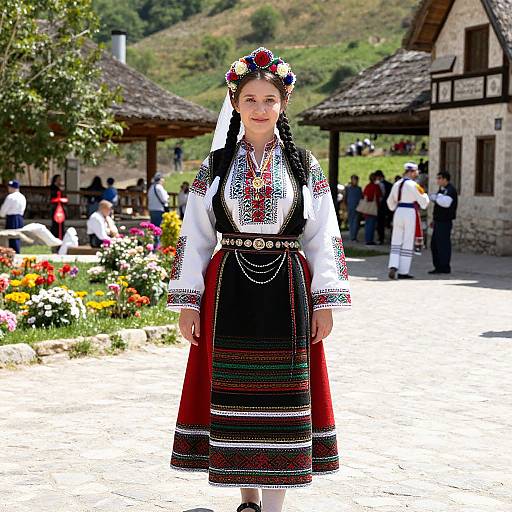 Photograph of a young woman in traditional Eastern European folk dress with braided hair, colorful floral headpiece, standing in a sunlit village square with