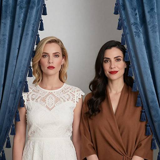 Two Women Behind Blue Floral Curtains