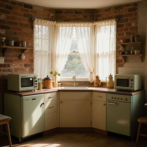 Vintage Kitchen Corner with Lace Curtains