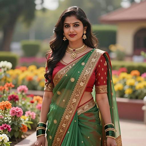 Indian Woman in Green and Red Saree in Flower Garden