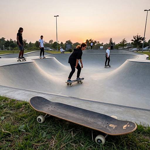 Photograph of five young skateboarders at dusk in a concrete skate park, with a skateboard in the foreground on grass.