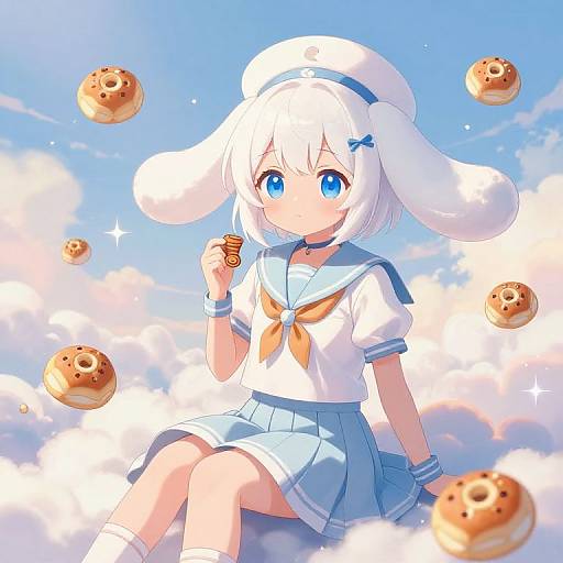 Anime-style digital drawing of a cute white-haired girl with blue eyes, wearing a sailor uniform and hat, floating in a bright blue sky with floating don