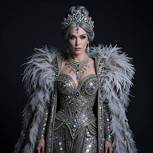 Photograph of a regal woman with silver hair, wearing a glittering silver gown, jeweled necklace, tiara, and a white feathered