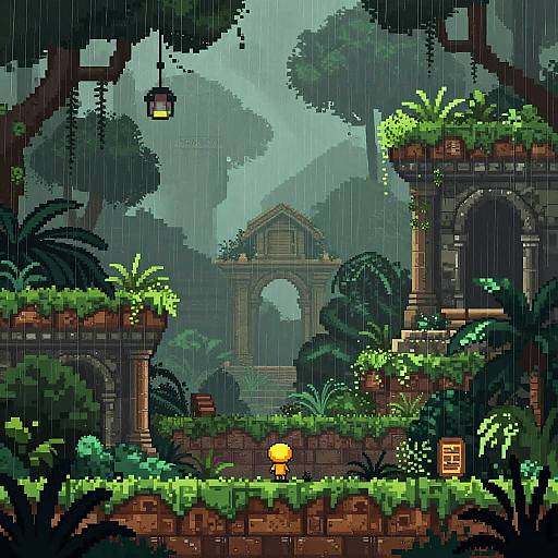 Pixel art of a lush, rainy jungle garden with ancient stone arches, hanging lantern, glowing mushroom, and small cottage, surrounded by dense green foliage