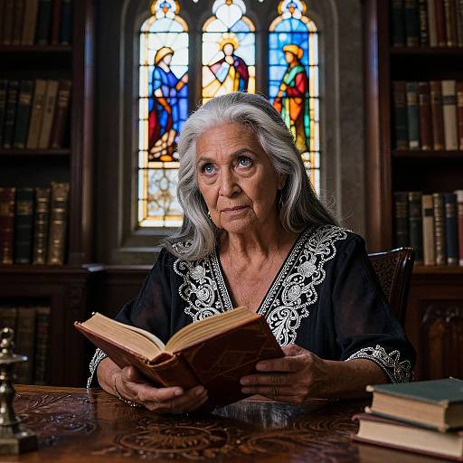 Photograph of an elderly woman with long gray hair, reading a book in a dimly lit library, with colorful stained glass window in the background.