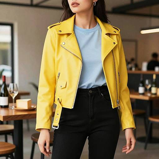 Confident Woman in Yellow Leather Jacket
