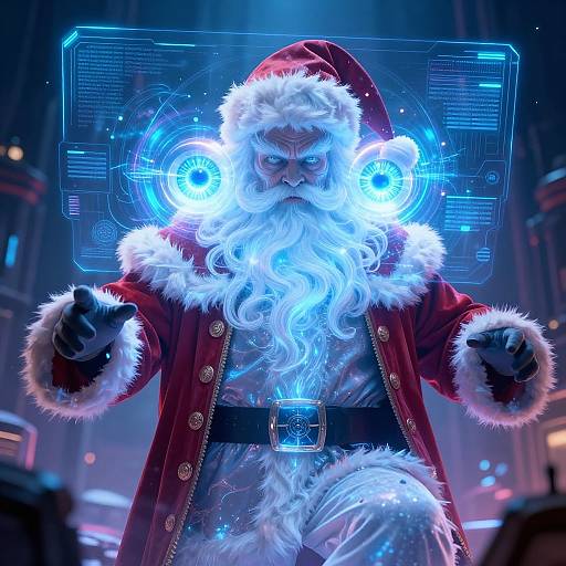 Digital art: Santa Claus with glowing blue aura, fur-trimmed red coat, black belt, and white beard, in a futuristic, blue-l