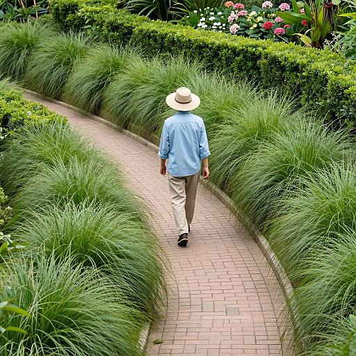 Photograph of an elderly man in a light blue shirt, beige pants, and white hat walking along a brick path through lush green grass and blooming