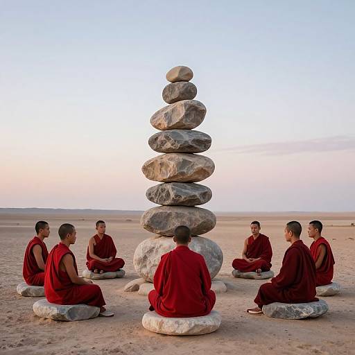 Photograph of six Buddhist monks in red robes, sitting on stone cushions around a tall, balanced stone stack in a desert at sunset.