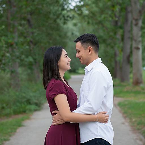 Photograph of a smiling Asian couple standing on a park path, arm around each other, she in a maroon dress, he in a white shirt