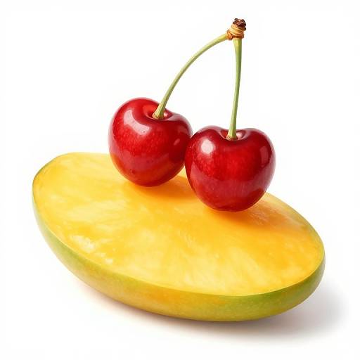 Photograph of two shiny red cherries with green stems resting on a bright yellow mango slice, against a white background.
